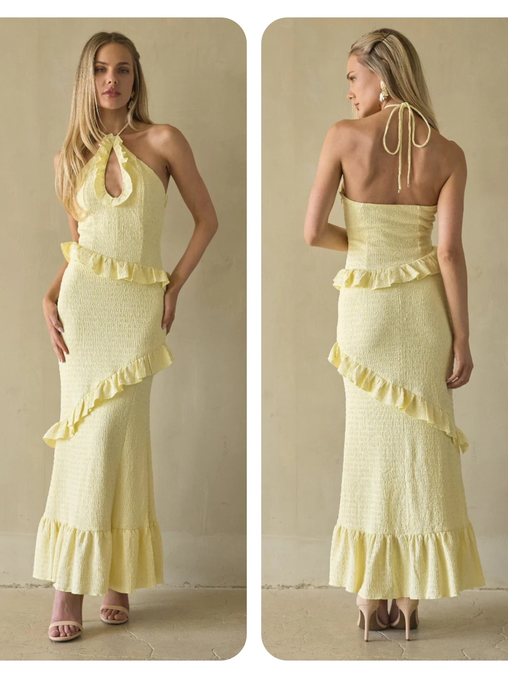 One And Only Collective Yellow Halter Smocked Ruffle Frill Trim Maxi Dress Large